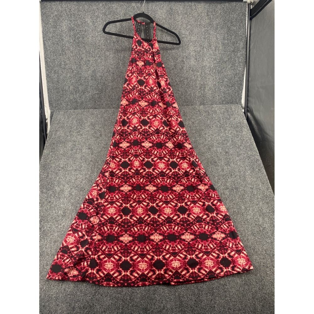 Tahiti Halter Maxi Dress Womens Large L Red Black Tie Dye Crochet Lace Back Boho